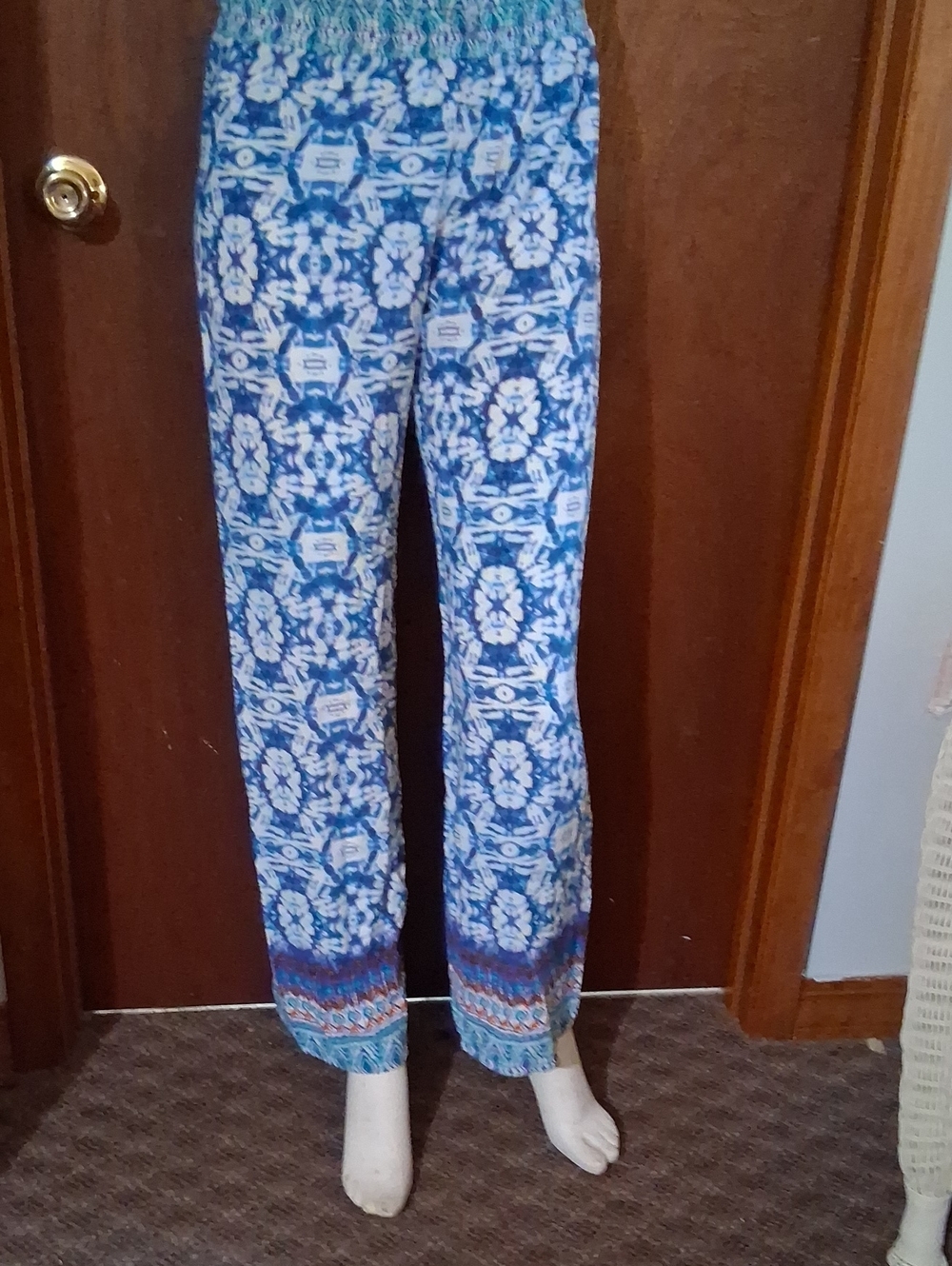 bebe Blue & White Wide-Leg Printed Palazzo Pants